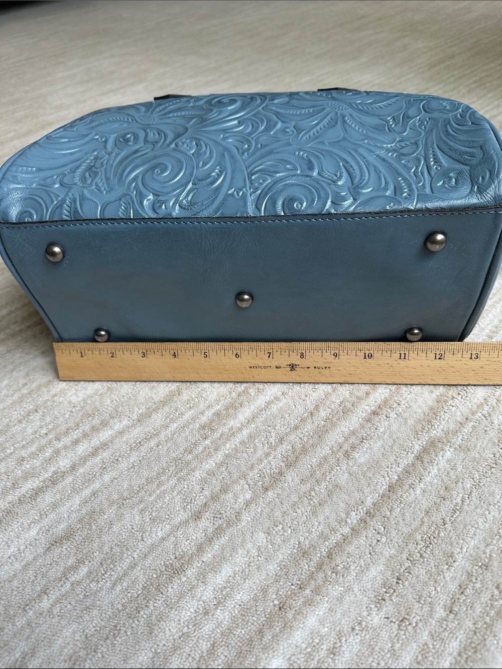Like New Patricia Nash SKYE Leather HTF Safflower Blue Tooled Embossed Satchel - Picture 15 of 17